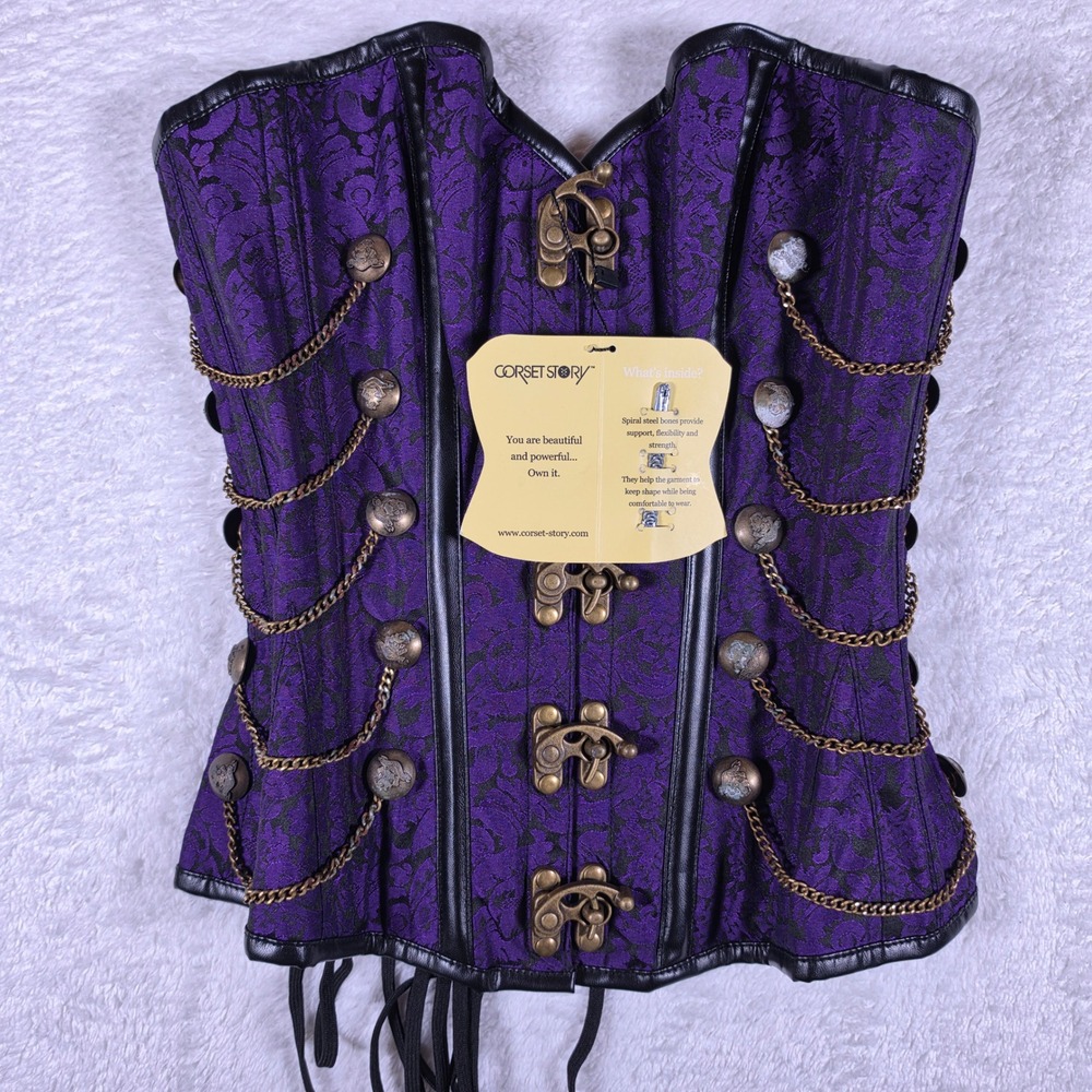 NEW Corset Story Steampunk Overbust sz28 Purple Floral Brocade Steel Boned Chain